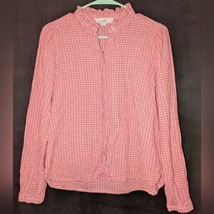 LOFT Red Checkered Ruffle Blouse